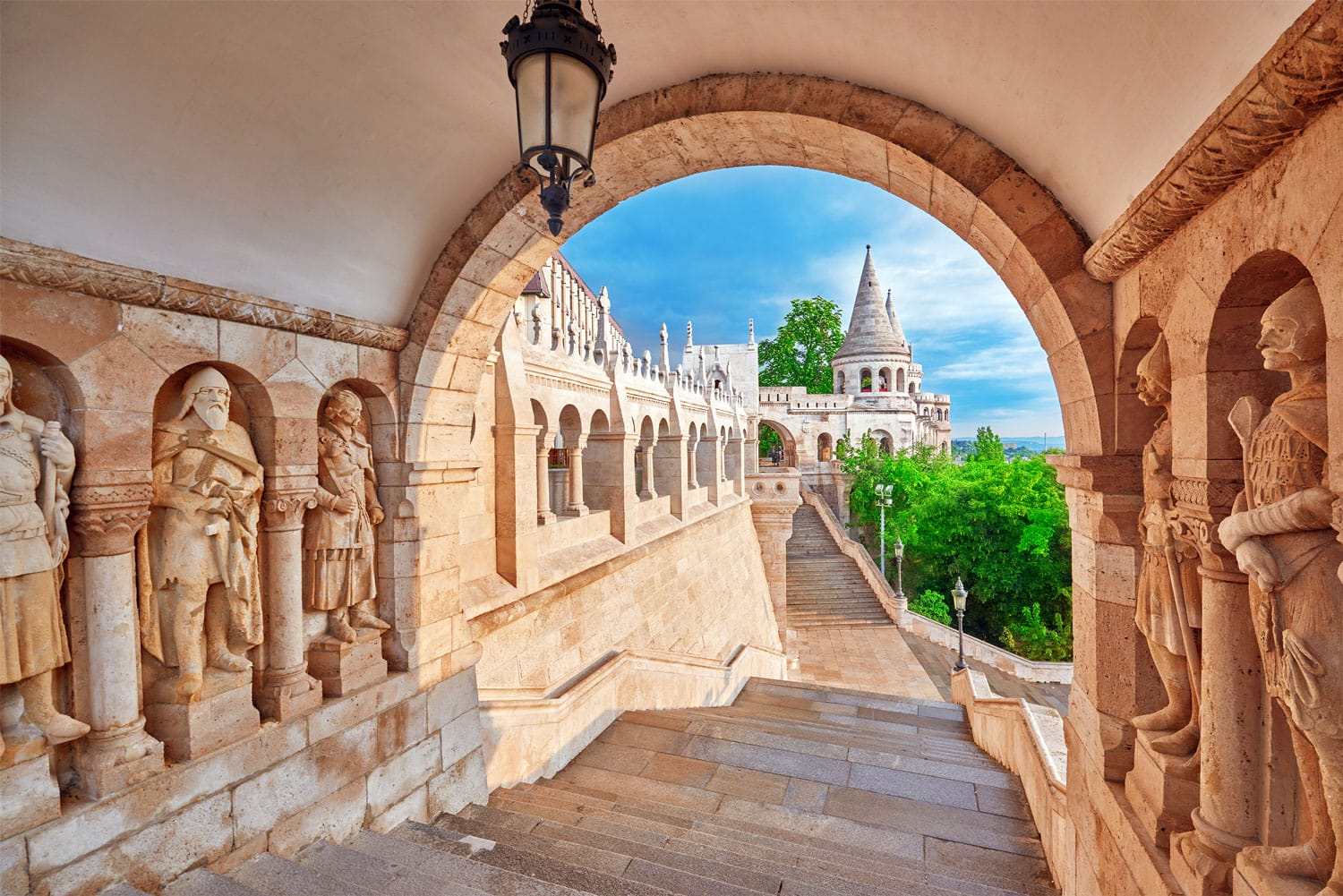 View on the Old Fisherman Bastion in Budapest. Arch Gallery.