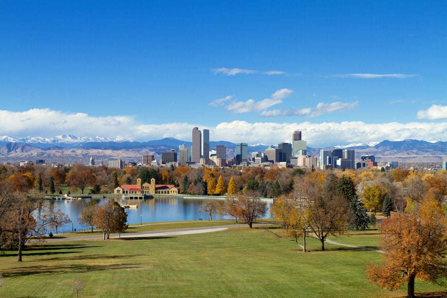 Scenic view of Denver, with City Park in the foreground