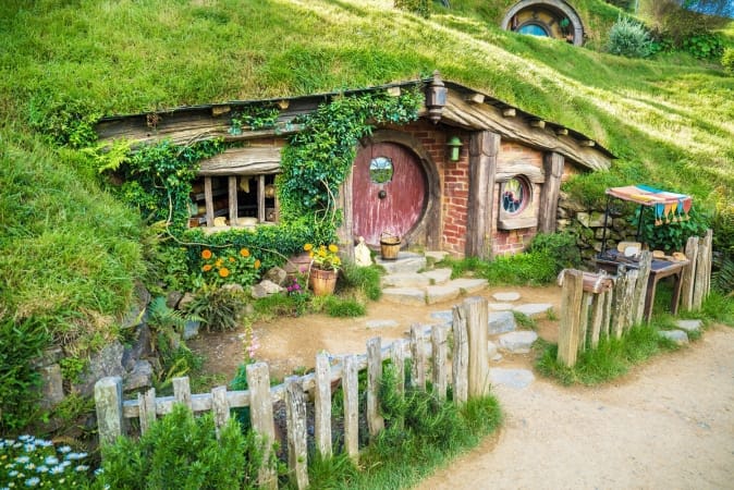 House with red door at Hobbiton Movie set New Zealand
