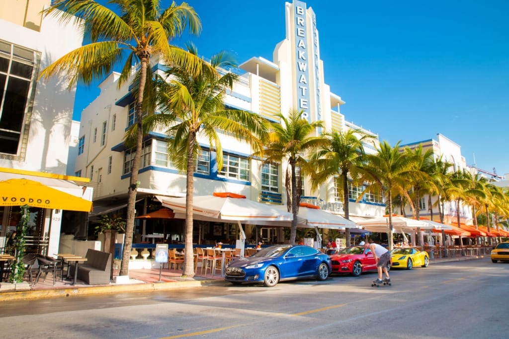 View along the famous vacation and tourist location on Ocean Drive in the Art Deco district of South Beach, Miami
