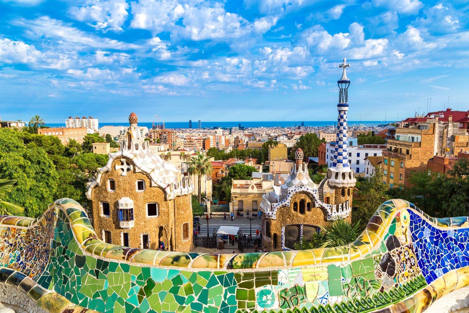 Park Guell by architect Gaudi in a summer day in Barcelona, Spain.