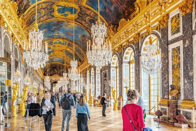 Hall of Mirrors (Galerie des Glaces )- is the palace's most celebrated room. Chateau de Versailles in Paris, France