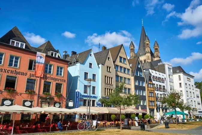 Colorful houses, bars and restaurants in the old city Cologne, Germany