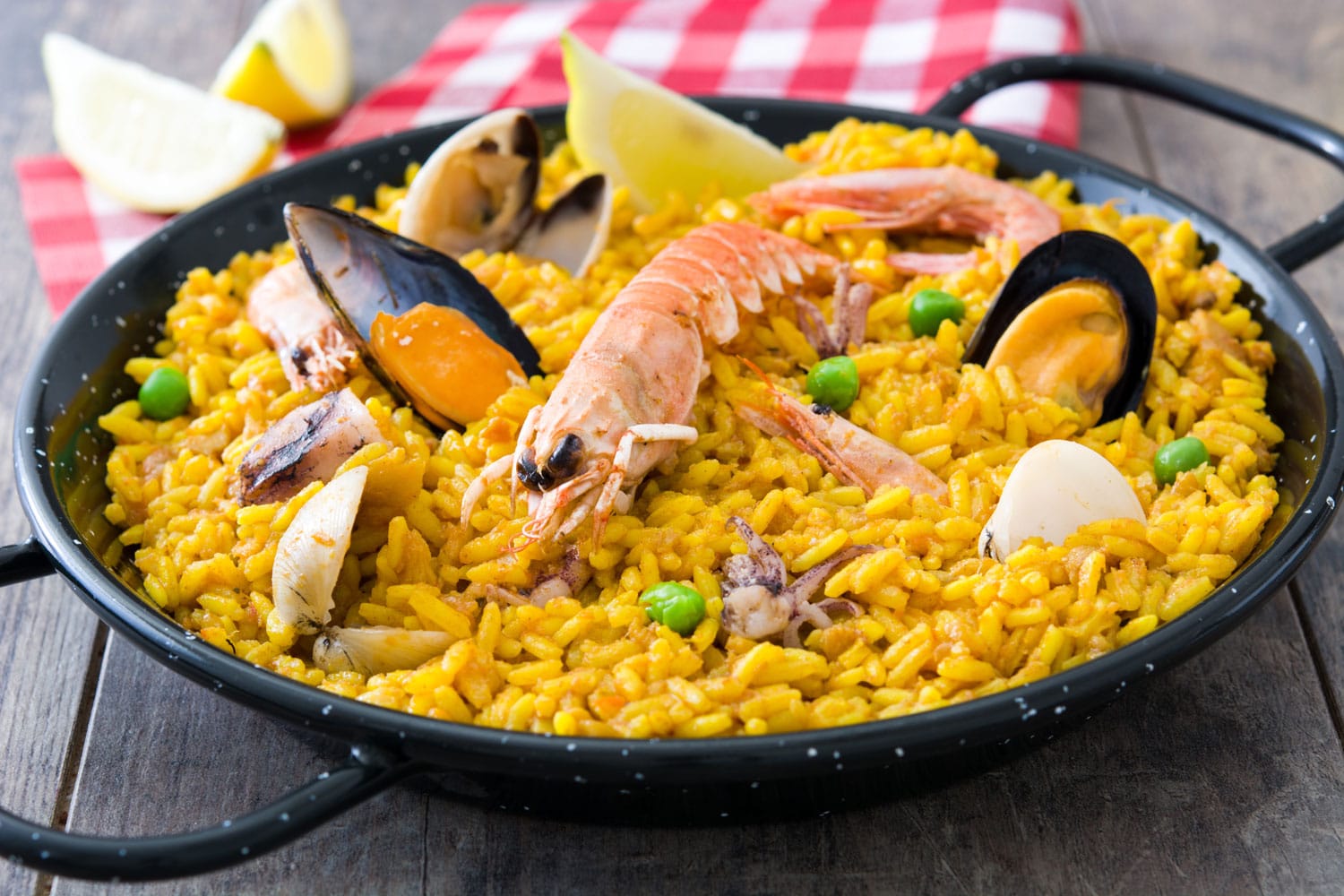 Traditional spanish seafood paella in Spain