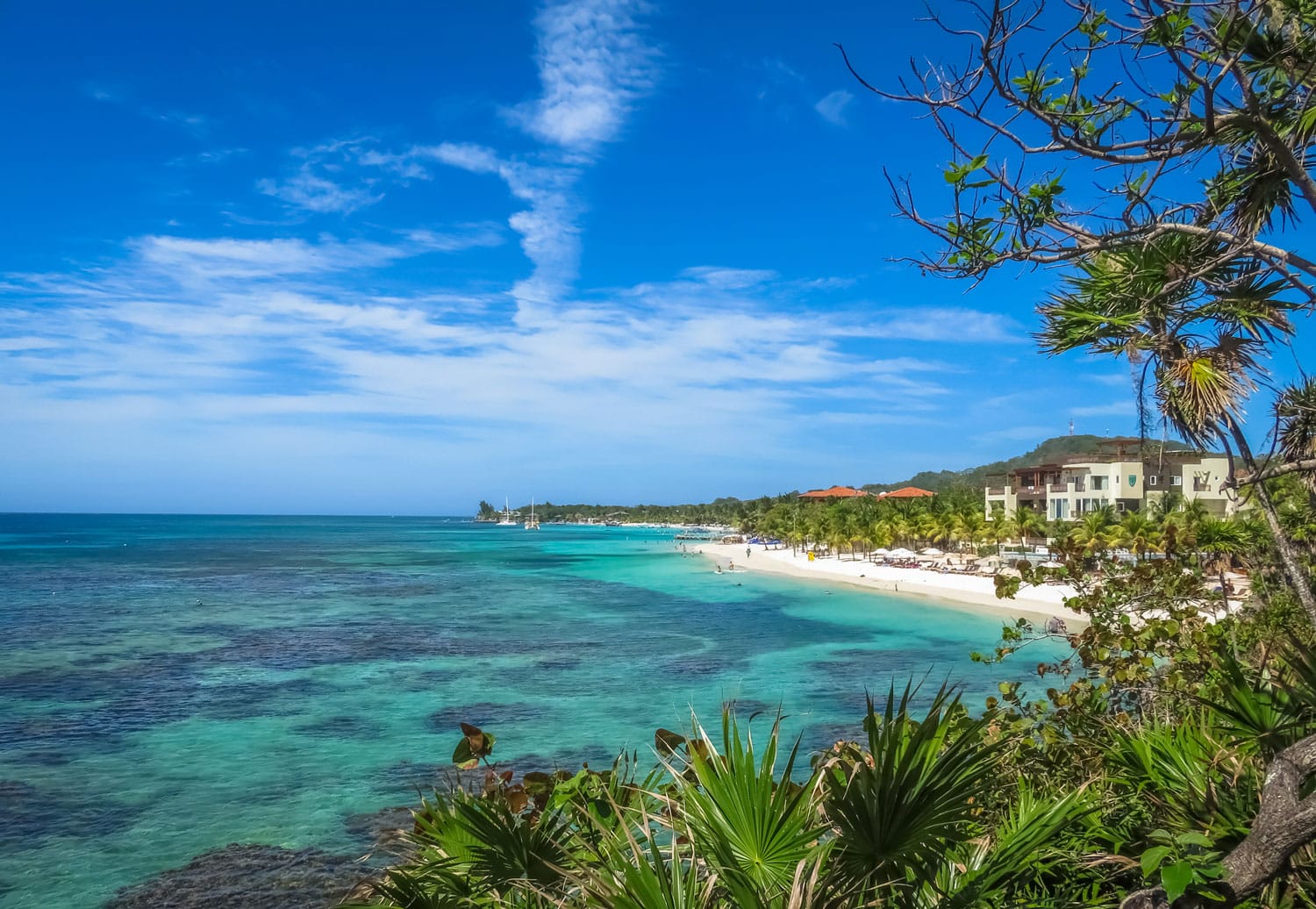Landscape of a tropical blue ocean water and sandy beach in Roatan island