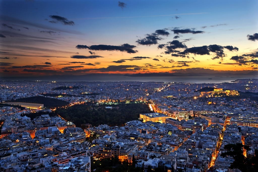 Panoramic view of Athens city from Lycabettus hill, after sunset, Athens, Greece