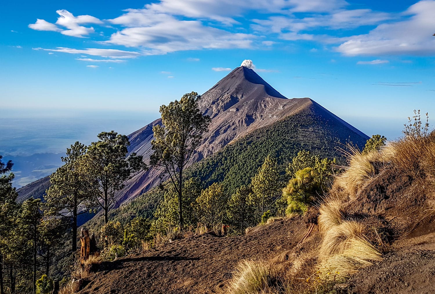 View of Fuego erupting , from Acatenango trekking trail in Guatemala