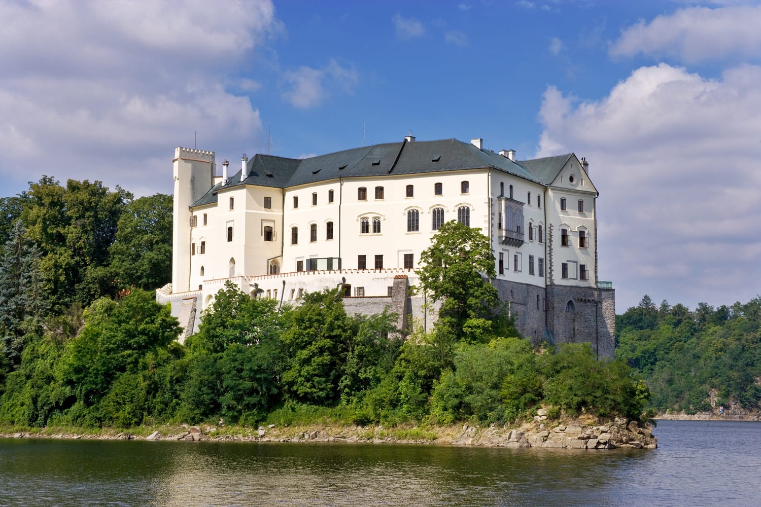 monumental medieval gothic Orlik nad Vltavou castle and dam on Moldau river, South Bohemia, Czech republic