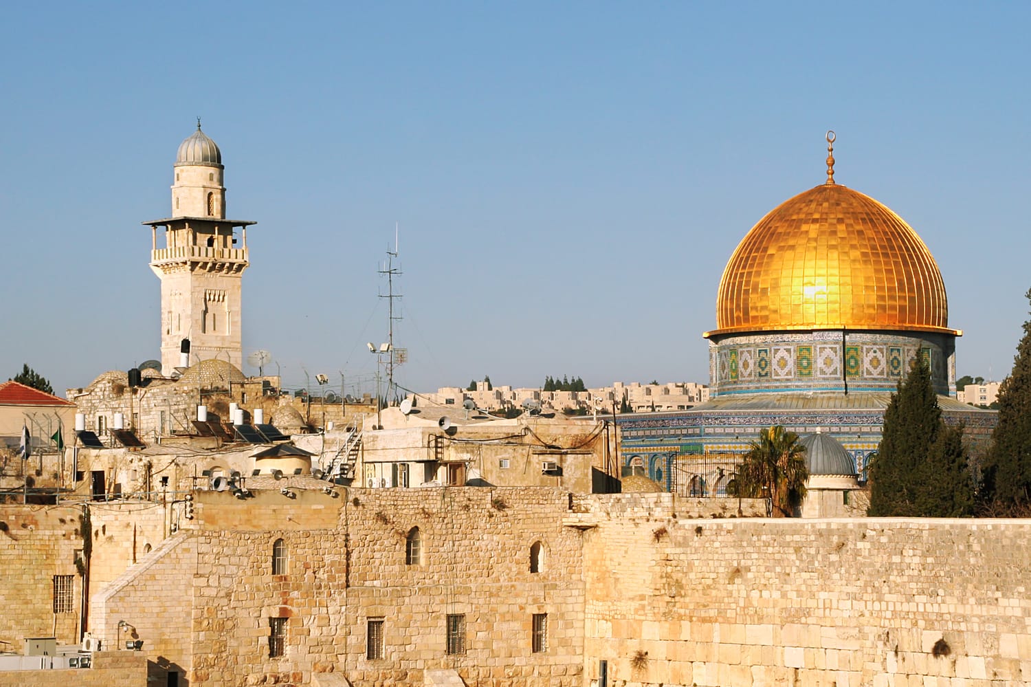 Famous Dome on the Rock Mosque and Western Wall in Jerusalem, Israel.