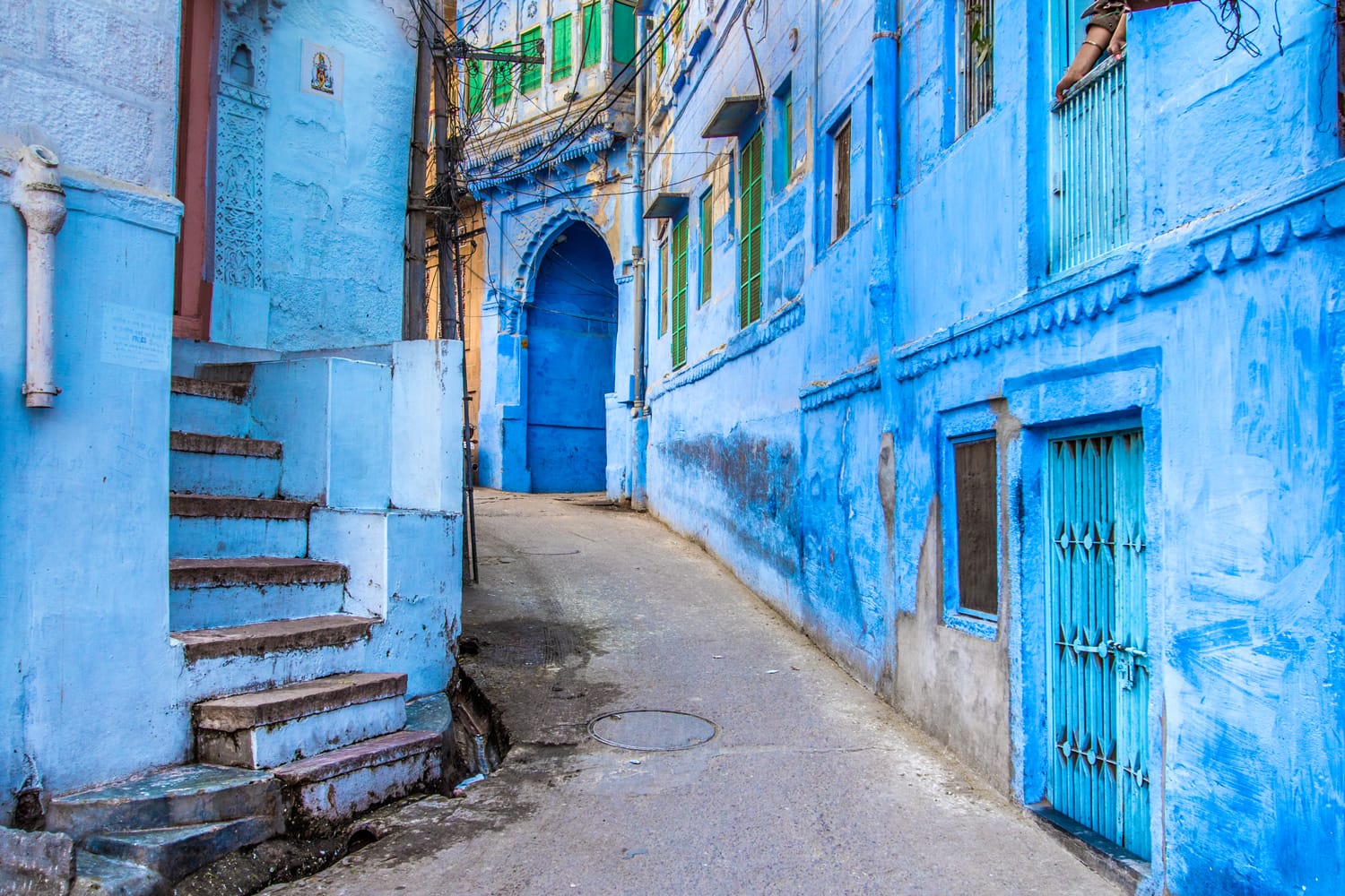 The bright blue streets of the Blue City of Jodhpur, India.