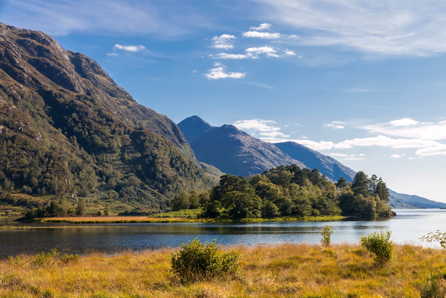 View onto beautiful Loch Shiel and the Scottish Highlands at the Glenfinnan Monument, Scotland, UK