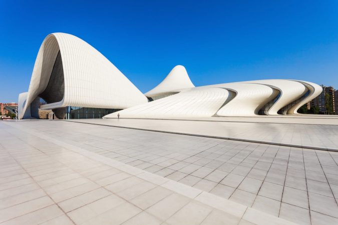 The Heydar Aliyev Center is a building complex in Baku, Azerbaijan designed by Zaha Hadid and noted for its distinctive architecture and flowing, curved style.