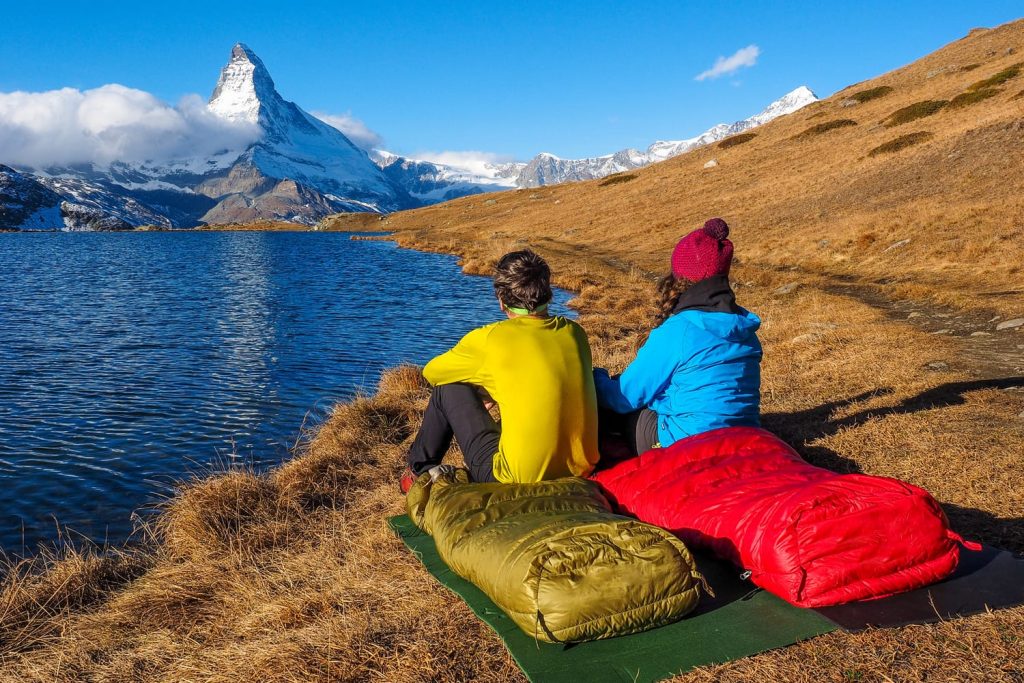 Tent near Matterhorn during early morning with relfection in StelliSee, Zermatt, Switzerland