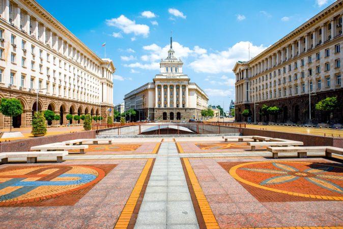 An architectural ensemble of three Socialist Classicism edifices in central Sofia, the capital of Bulgaria