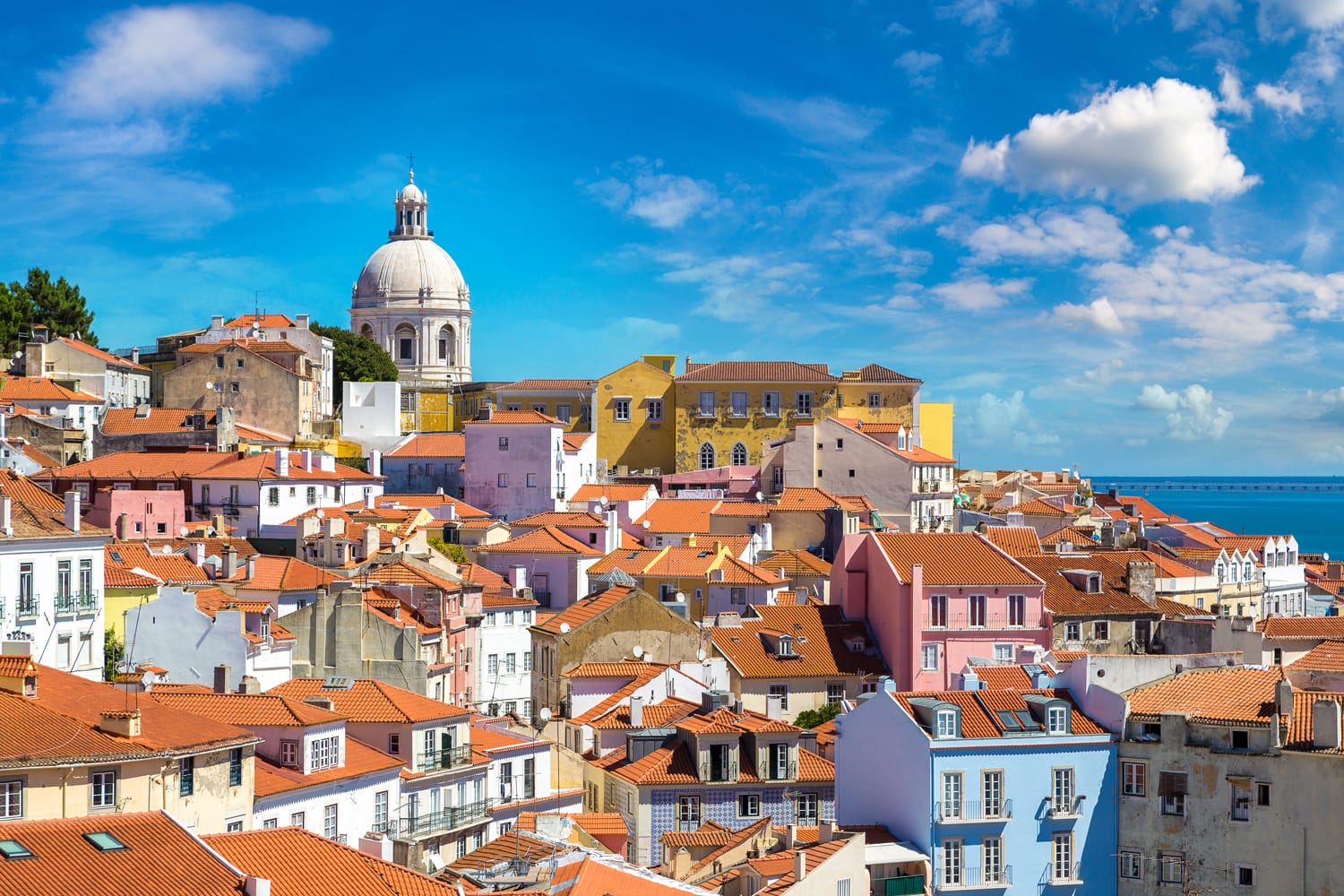 Panoramic aerial view of Lisbon in a beautiful summer day, Portugal