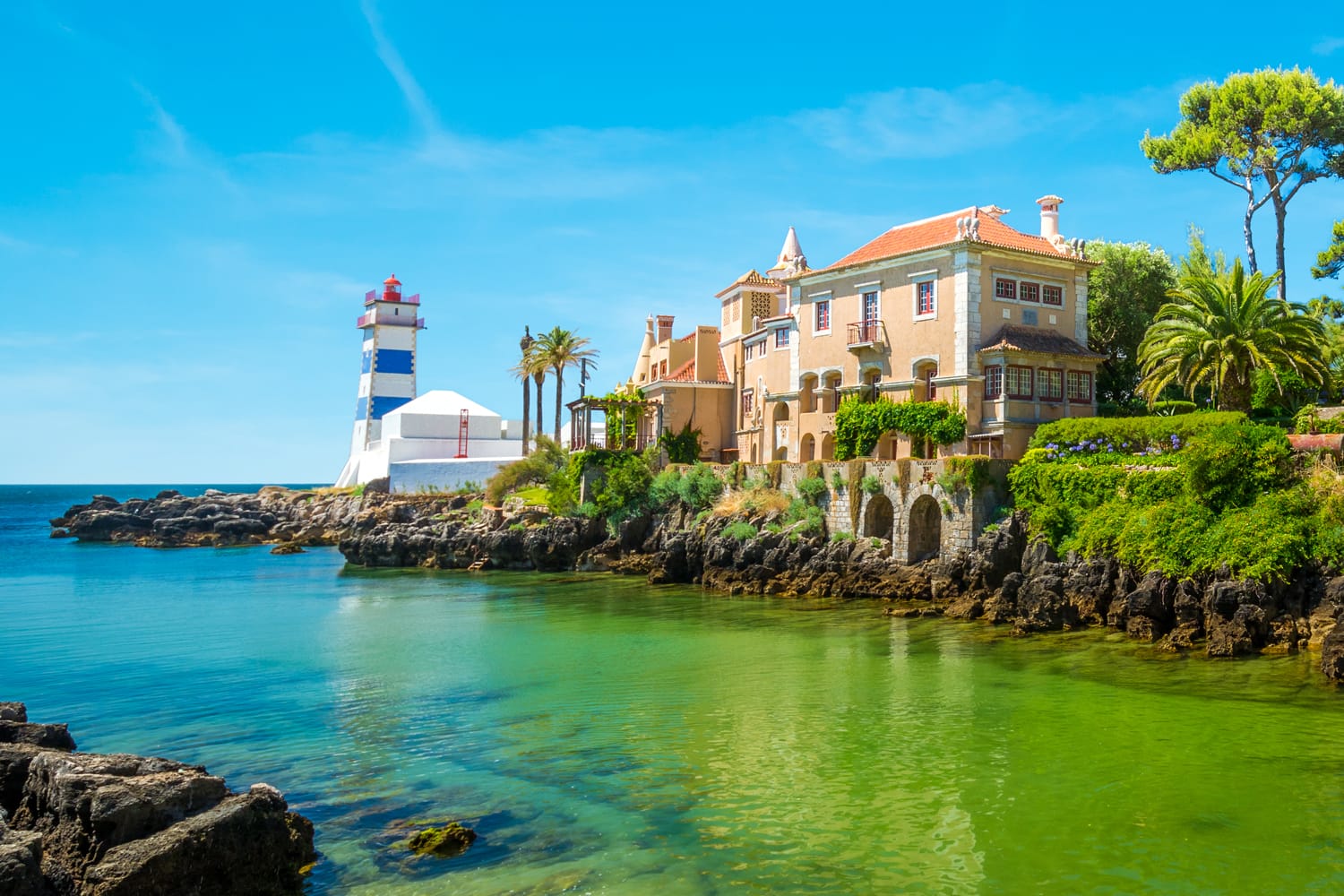 Scenic view in Cascais, Santa Marta Lighthouse and Museum, Lisbon district, Portugal.