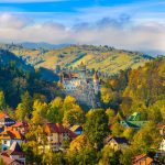 Panoramic view over Dracula medieval Castle Bran in autumn season, the most visited tourist attraction of Brasov, Transylvania, Romania