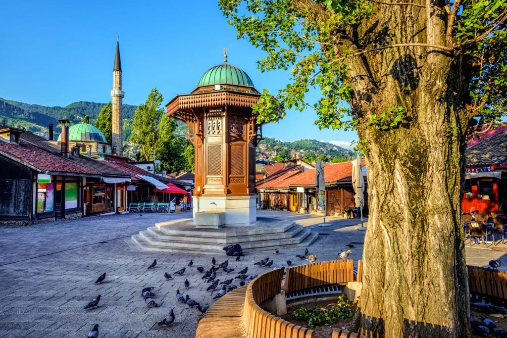 Bascarsija square with Sebilj wooden fountain in Old Town Sarajevo, capital city of Bosnia and Herzegovina