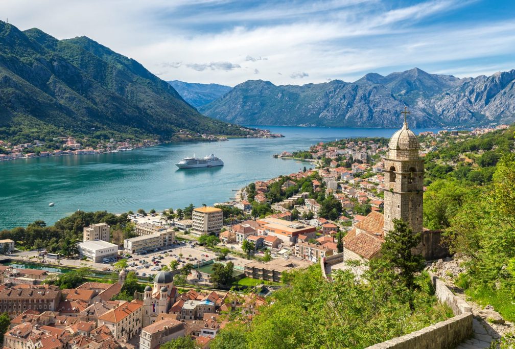 Classic panorama view of the historic Church of Our Lady of Remedy overlooking the old town of Kotor and world-famous Bay of Kotor, Montenegro