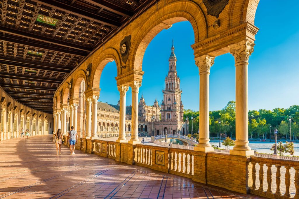 Plaza de Espana is an architectural ensemble located in the Maria Luisa Park in Seville, Spain. It was built as the main building of the Ibero-American Exposition of 1929.