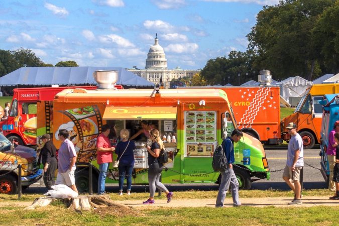 Food trucks and people on the National Mall in Washington DC, USA