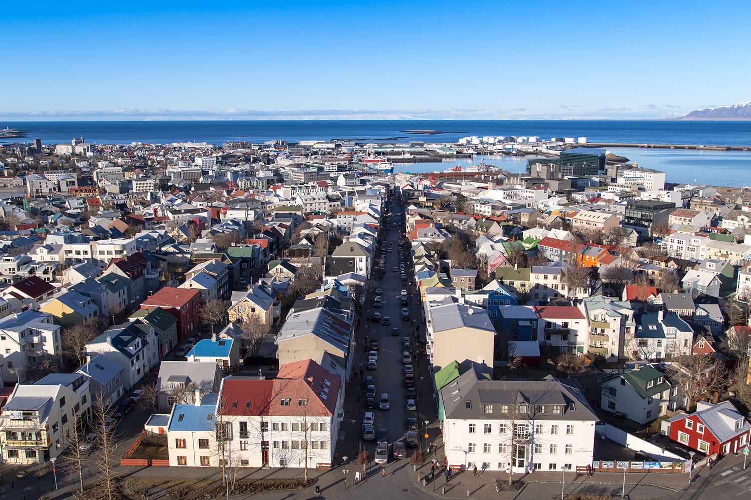Reykjavik city overview shot from the tower of hallgrimskirkja over to the downtown area and shopping street of laugavegur