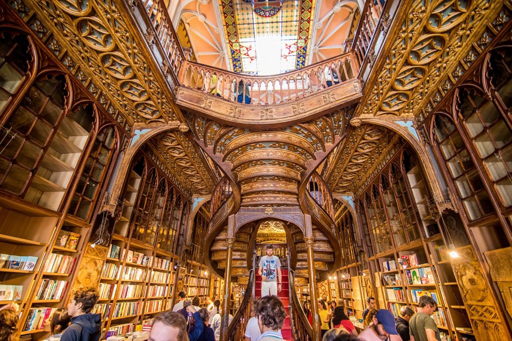 High angle view of stairs in the bookstore Livraria Lello in Porto, Portugal