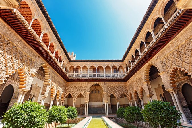 Palace of Alcazar, Famous Andalusian Architecture. Old Arab Palace in Seville, Spain.