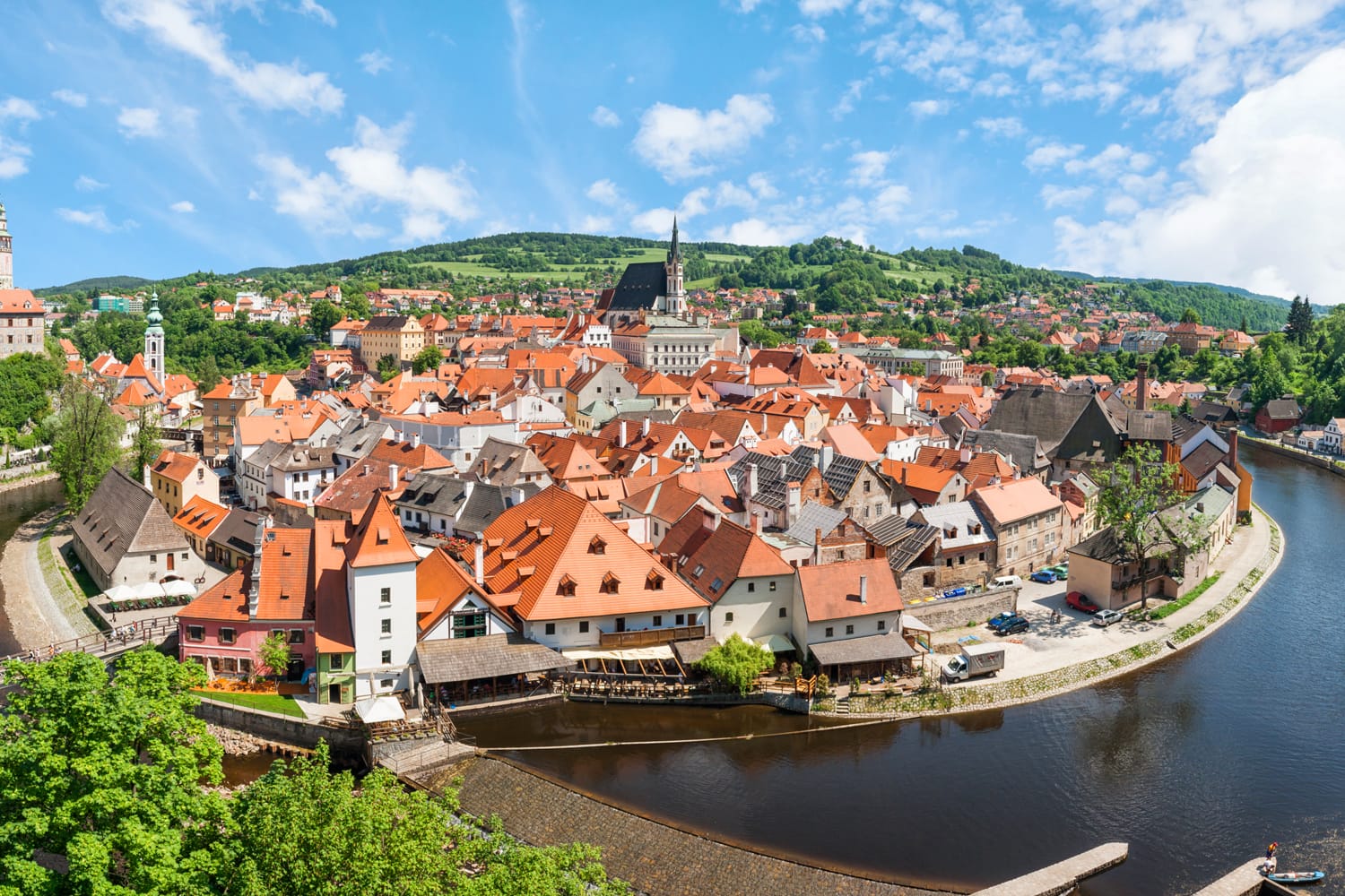 Panorama of the historical part of Cesky Krumlov with Castle and Church of St. Vitius, Czech Republic