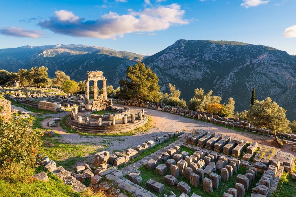 Ruins of the Temple of Athena Pronaia in ancient Delphi, Greece