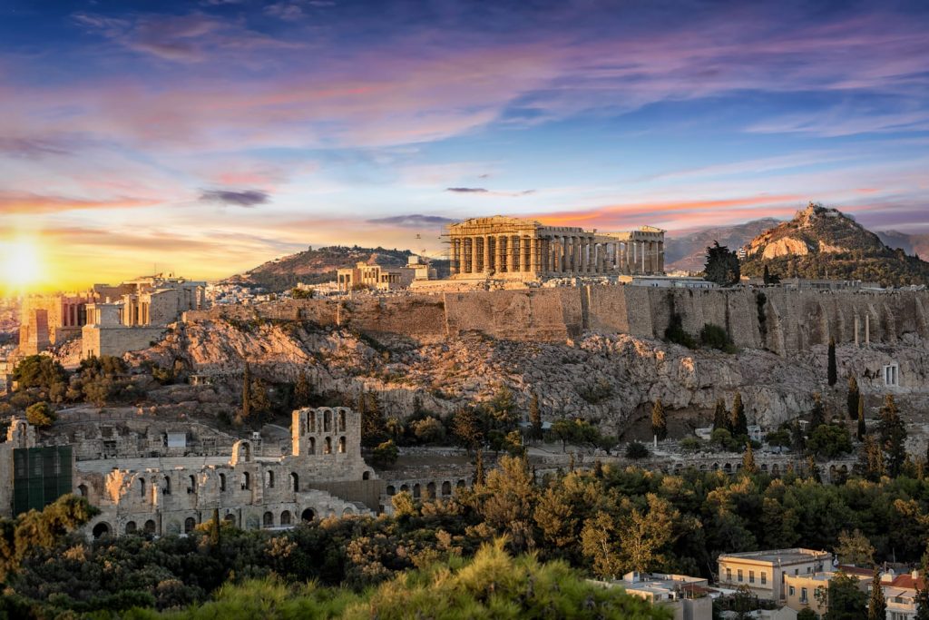 The Parthenon Temple at the Acropolis of Athens, Greece, during colorful sunset