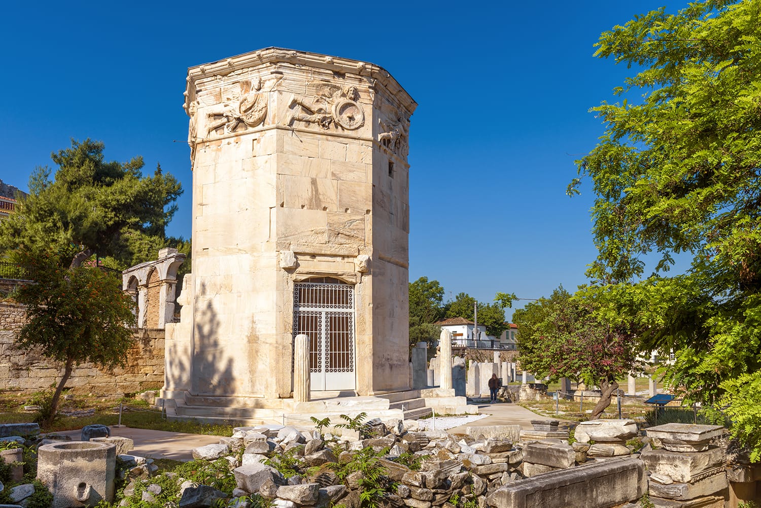 Tower of Winds or Aerides on Roman Agora, Athens, Greece. It is one of the main landmarks of Athens. Scenery of Ancient Greek ruins in Athens centre at Plaka district.