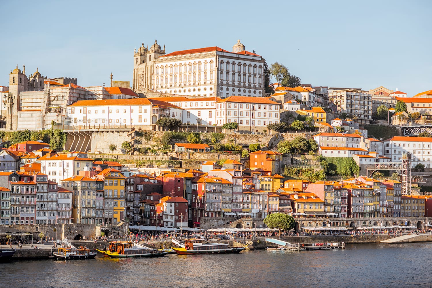 Landscape view on the old town on the riverside of Douro river in Porto during the sunset in Portugal