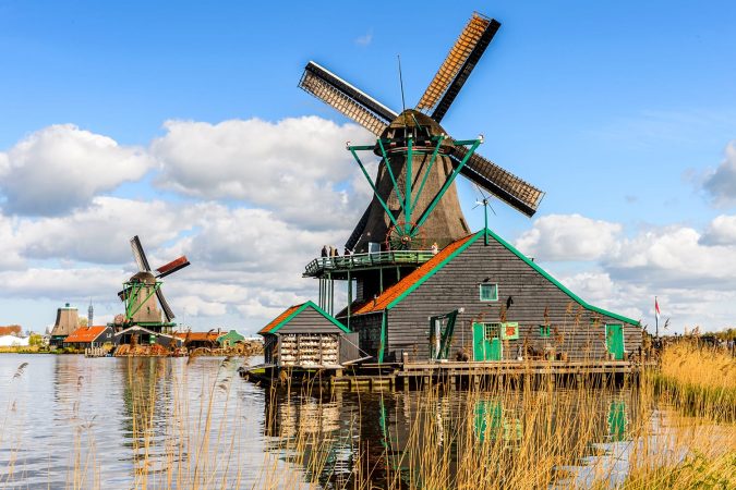 Windmill in Zaanse Schans, quiet village in Netherlands, province North Holland