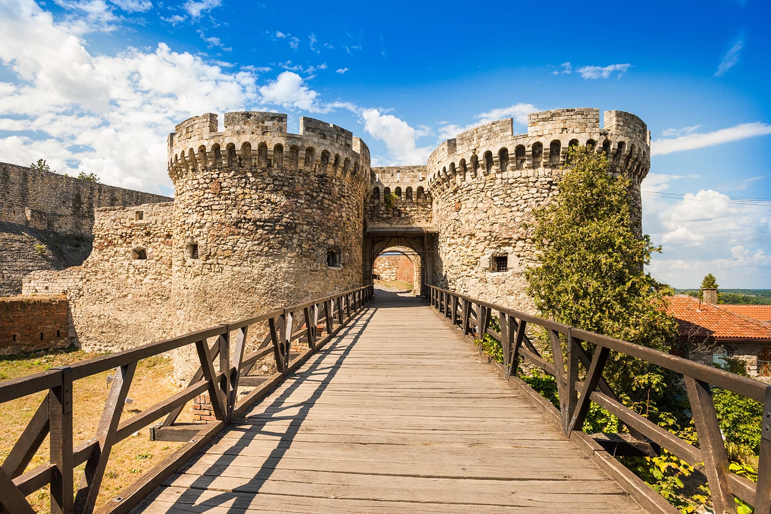 Belgrade's Kalemegdan Fortress with historic castle towers, gate, and bridge, Serbia