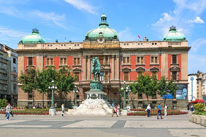 Republic Square with Building of National Museum and statue of Prince Mihailo in Belgrade, Serbia