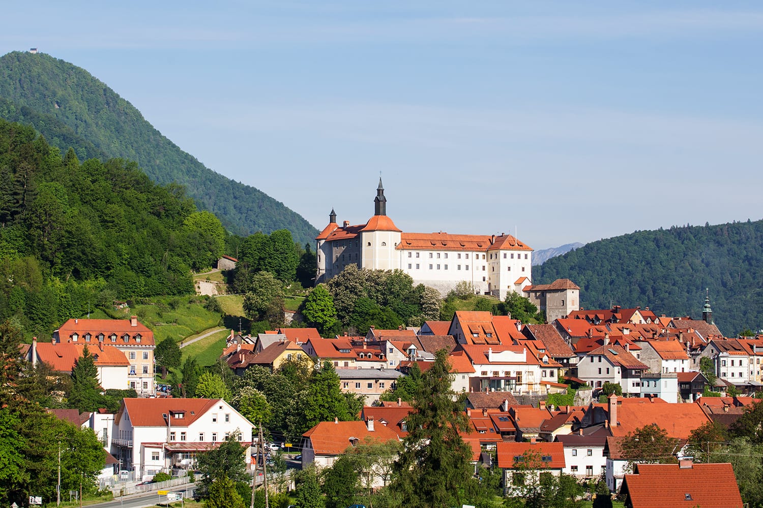 View on old medieval Slovenian town Skofja Loka on sunny day.