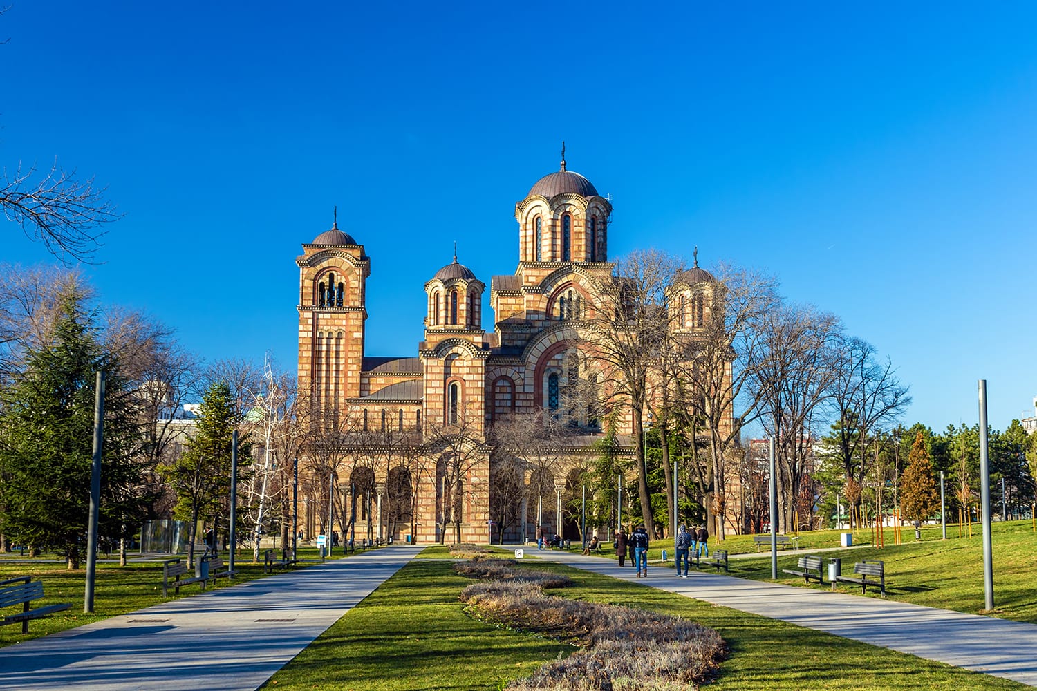 View of St. Mark Church from Tasmajdan Park in Belgrade, Serbia