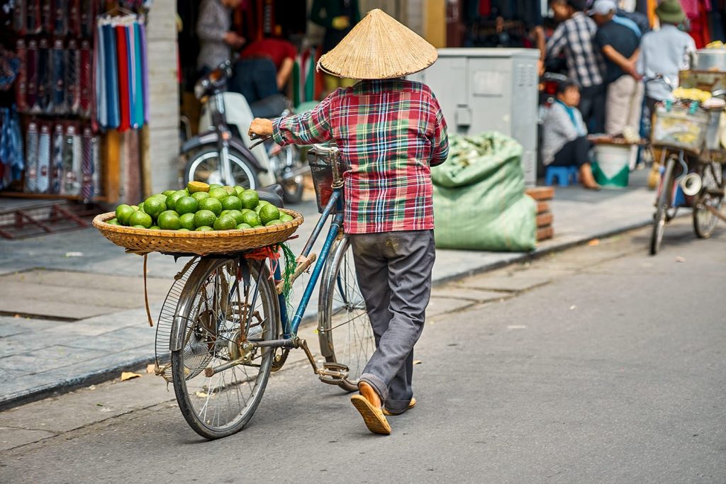 Vendor selling fruits from bicycle in Hanoi, Vietnam
