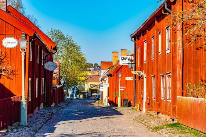 View of traditional timber houses in the old town Gamla Linkoping, Sweden
