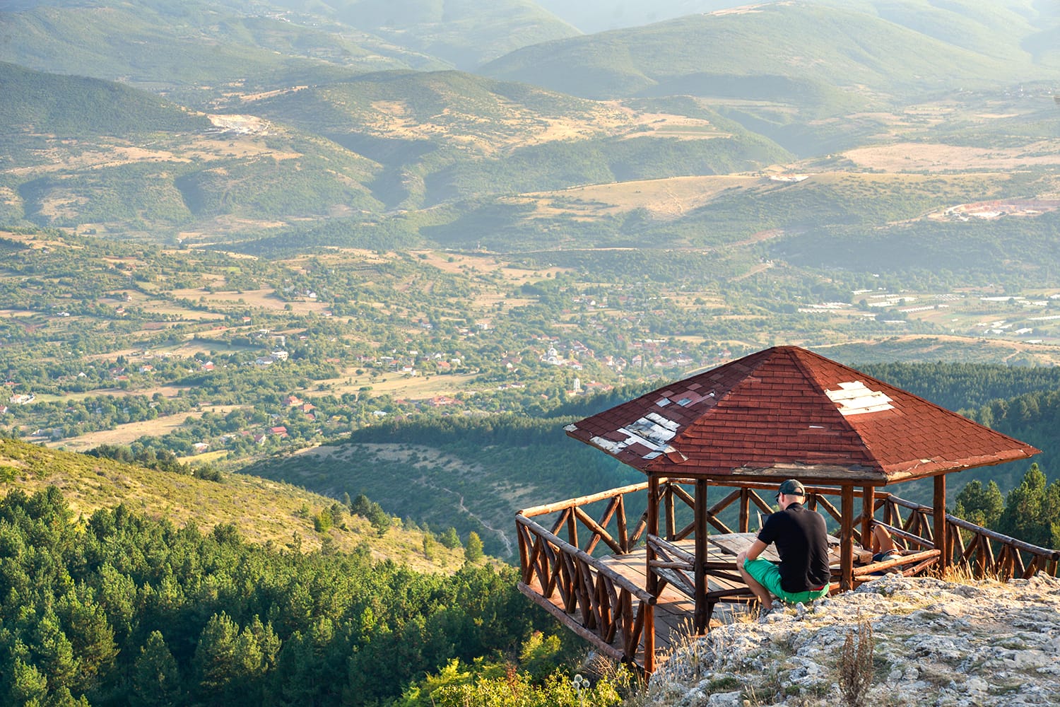 Millennium Cross site. Viewing platform overlooks scenery to the south of the crucifix, Vodno Mountain in Skopje, Macedonia