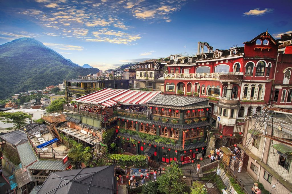 The colourful panorama view of Jiufen old city at evening, Jiufen, Taiwan