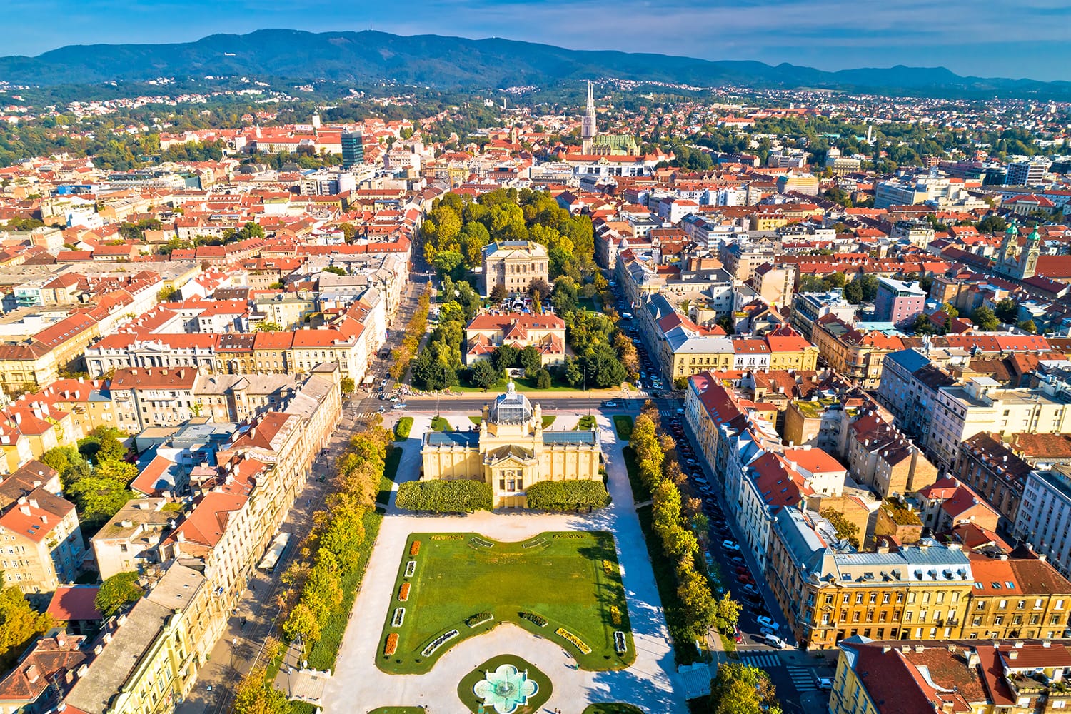 Zagreb historic city center aerial view, famous landmarks of capital of Croatia
