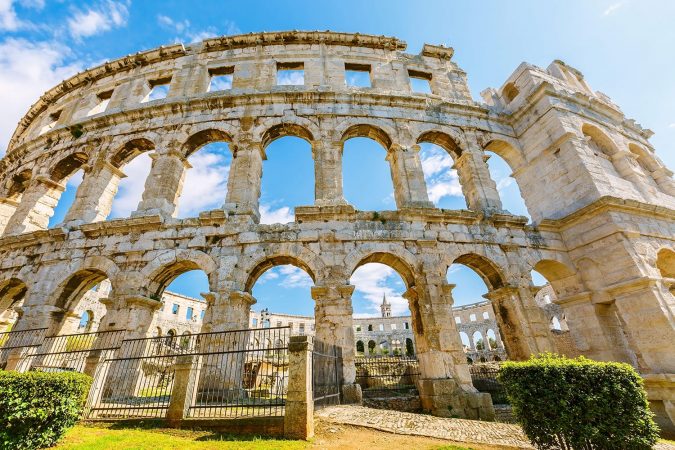 A wall fragment of ancient Roman amphitheater (Arena) in Pula, Croatia