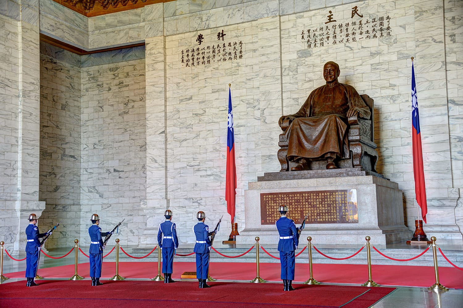 A large bronze statue of Chiang Kai-shek in Taipei, Taiwan.