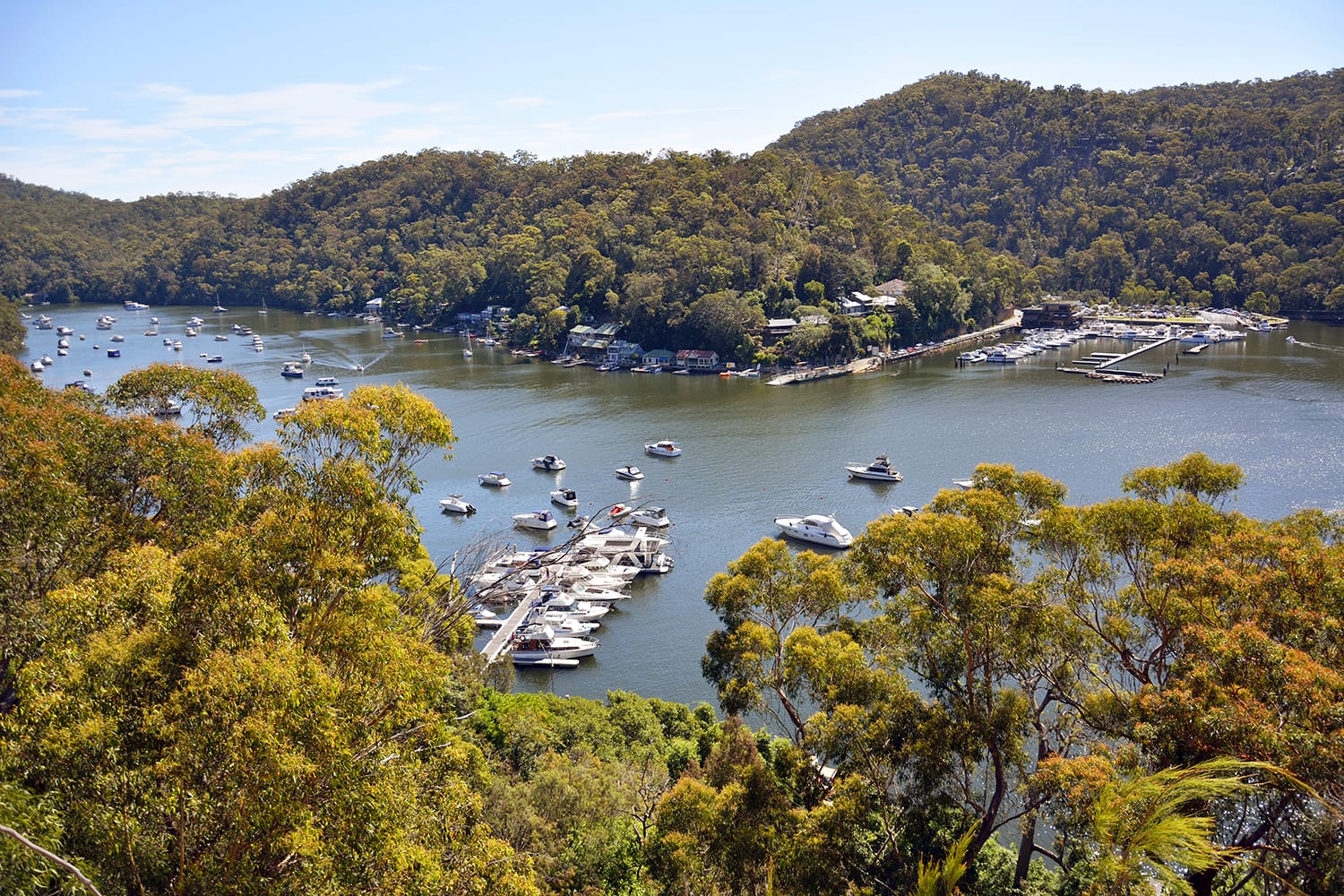 View over Berowra Waters village and Hawkesbury River in New South Wales, Australia.