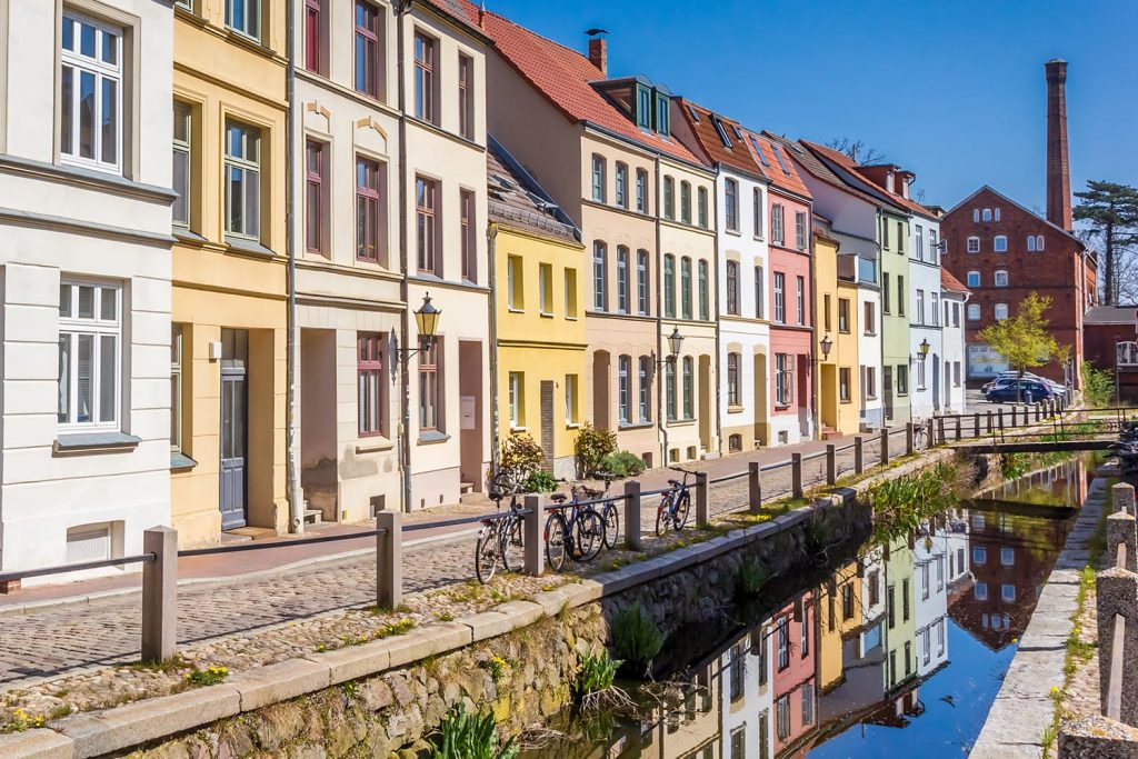 Panorama of colorful houses at the canal in Wismar, Germany