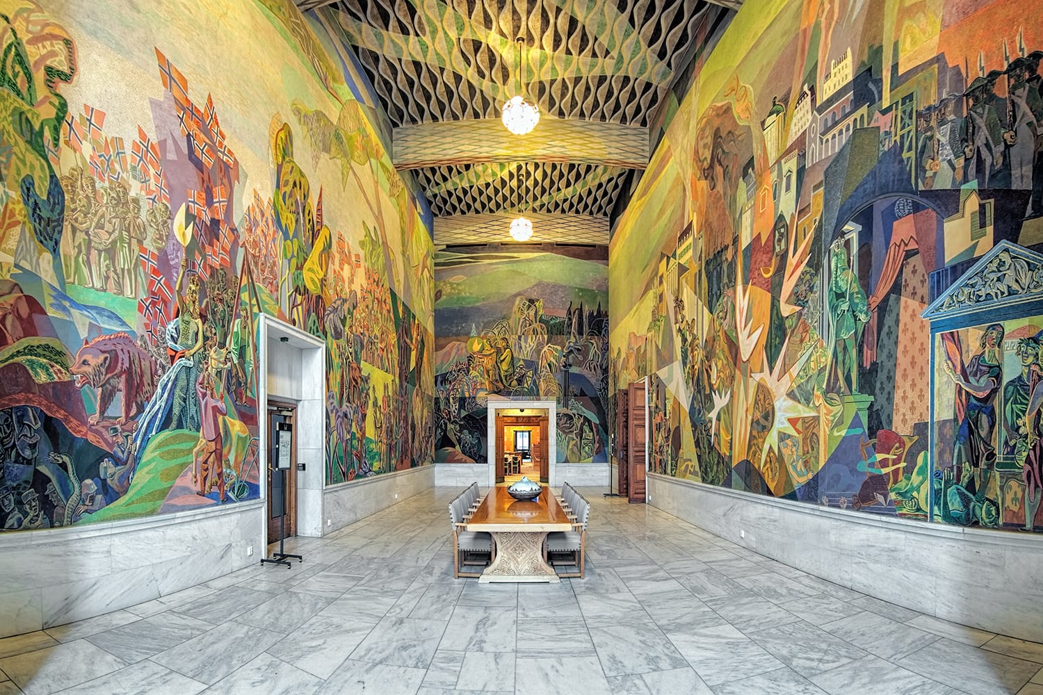  Interior of West Gallery (Storstein room) in Oslo City Hall with frescoes "Human Rights" painted by the Norwegian artist Aage Storstein in 1938-1950.