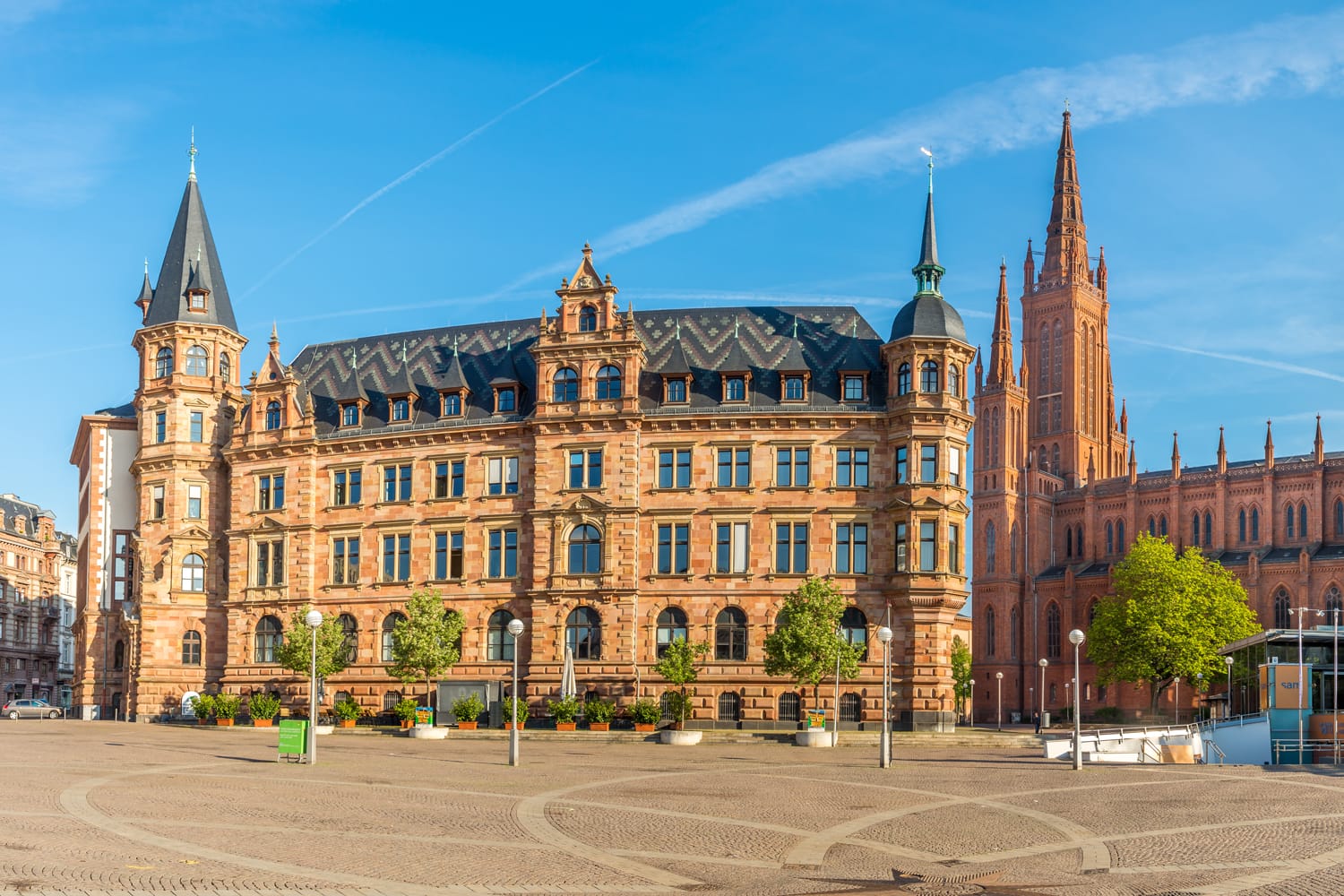 Panoramic view at the Markt place with City hall and Markt church in Wiesbaden, Germany