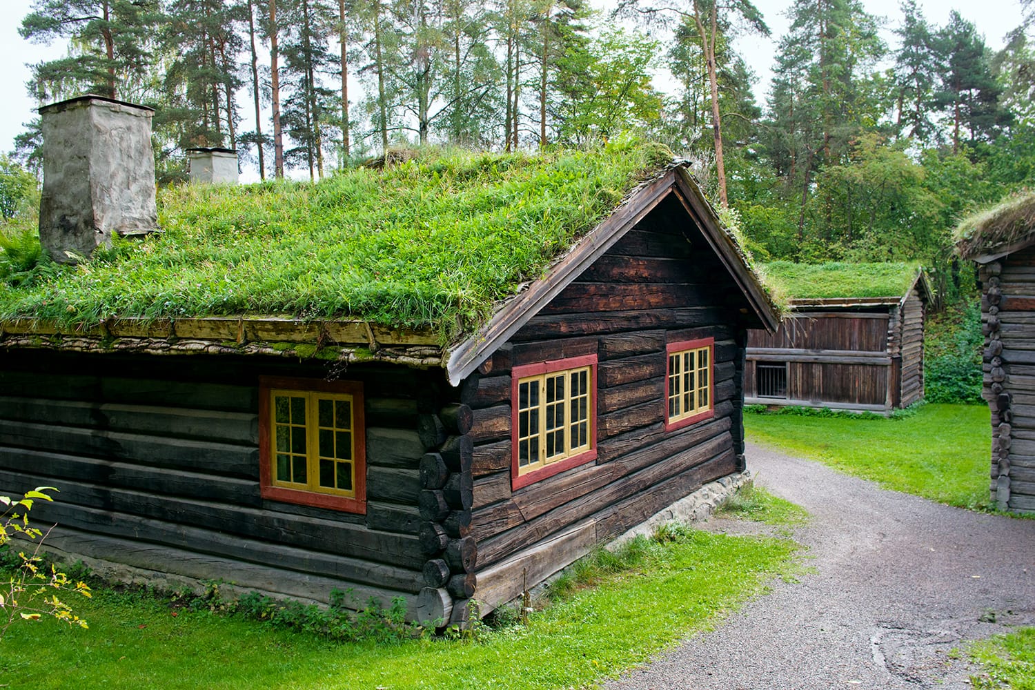 Traditional Norwegian House with grass roof. The Norwegian Museum of Cultural History, Oslo.